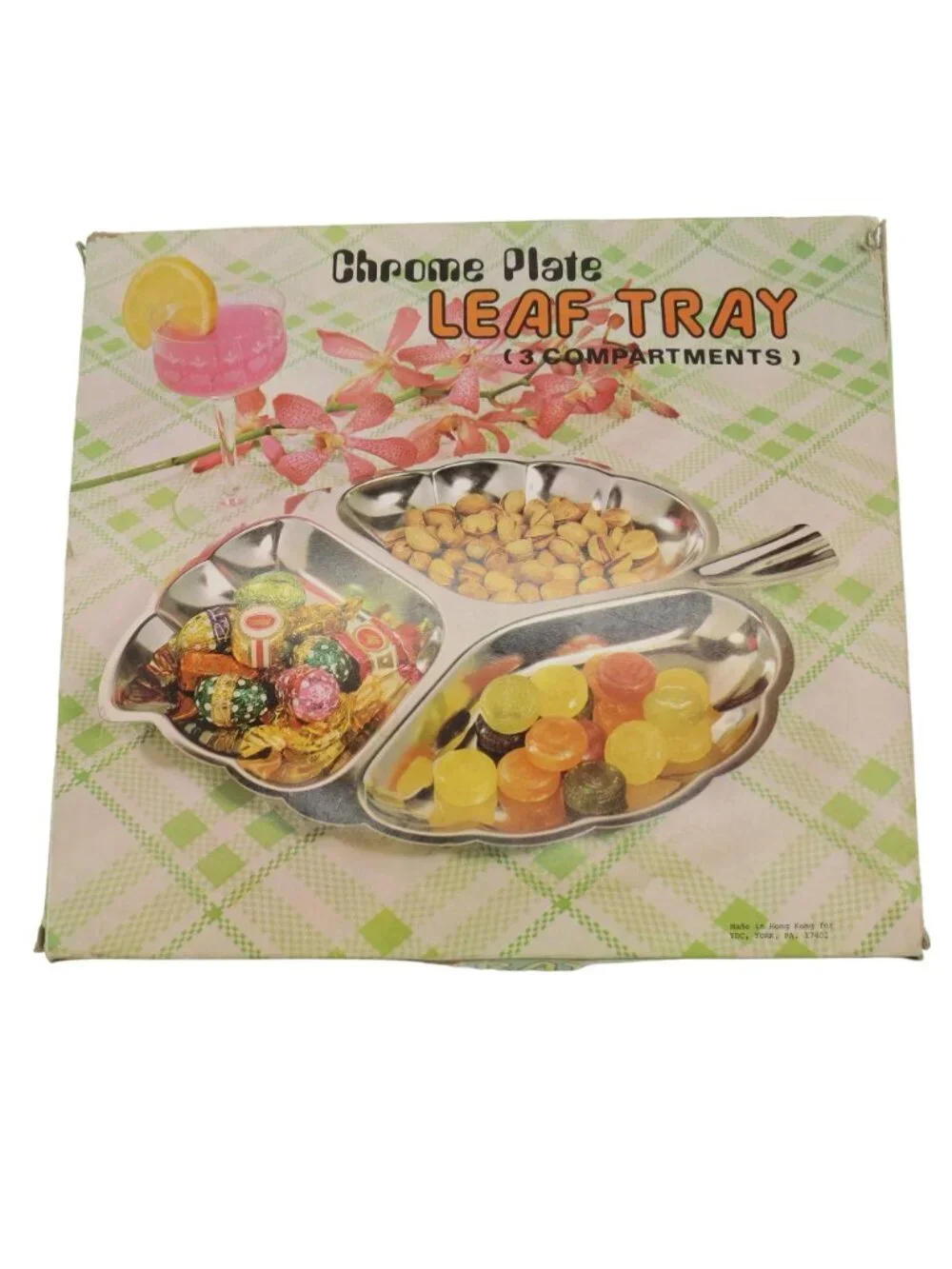 VINTAGE Leaf Serving Tray Midcentury Chrome Plate Three Compartments in Box